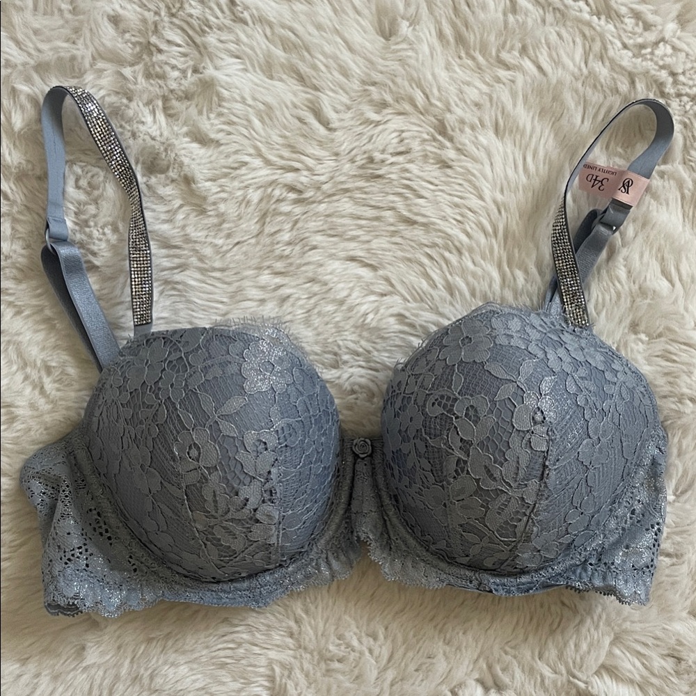 VS Lace Bra in Dusty Gray with Rhinestone Straps